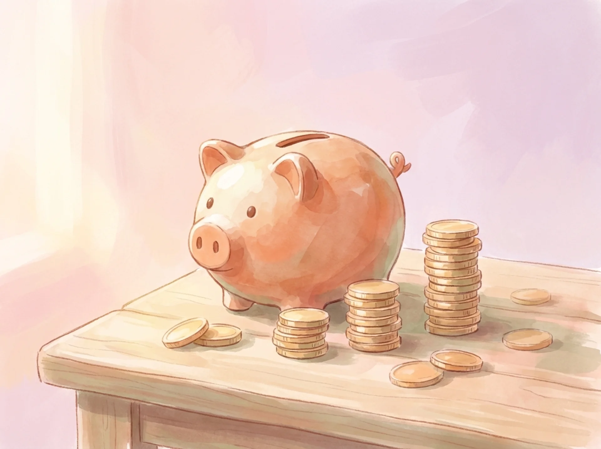 Illustration of a piggy bank next to stacks of coins