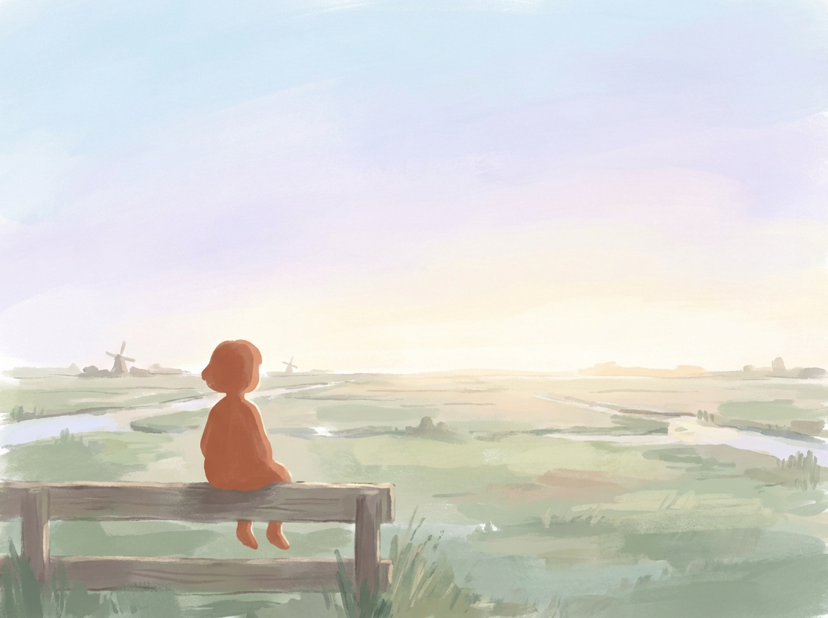 Illustration of a person sitting on a bench looking at a quiet landscape